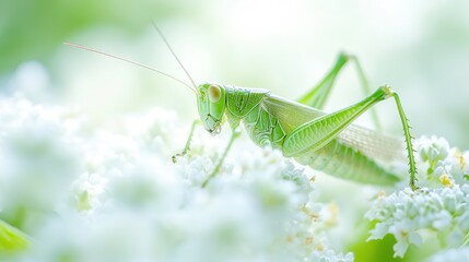 Close-up of a vibrant green grasshopper perched delicately on a cluster of small white flowers, bathed in soft, natural light.