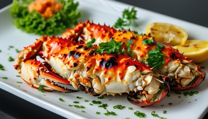 Grilled King Crab Legs on White Plate with Fresh Garnish and Lemon Slices
