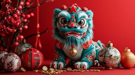 Colorful Chinese Lion Dance Figure Surrounded by Festive Decorations and Ornaments on Red Background