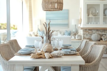 A coastal dining room with light, airy colors, natural light, and nautical decor accents.