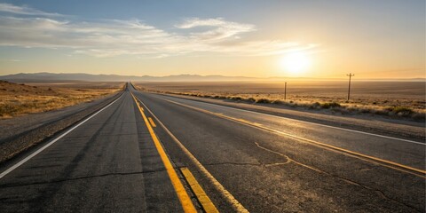 Fototapeta premium A scenic highway stretches towards a vibrant sunset, casting a warm golden glow across the vast, open landscape.