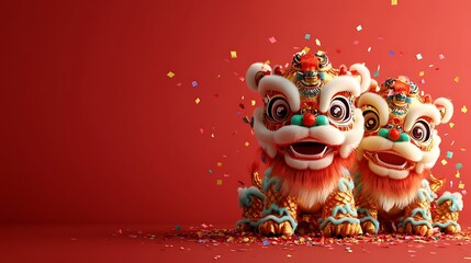 Fototapeta premium Colorful Chinese Lion Dance Statues with Confetti and Red Background for Celebrations and Festivities