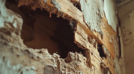 Close-up of a damaged wall revealing exposed wood and decay.