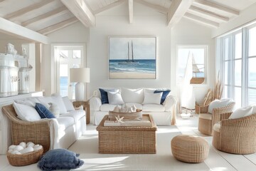 Fototapeta premium A coastal living room featuring light, airy colors, natural light, and nautical decor. 