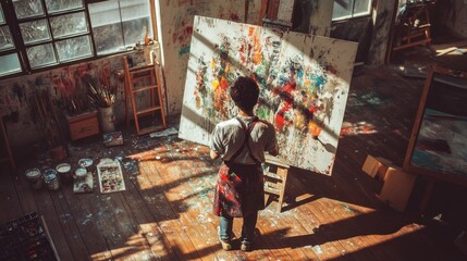 Obraz premium Artist working on large canvas in a cluttered art studio. Sunlight streams through windows illuminating the scene.