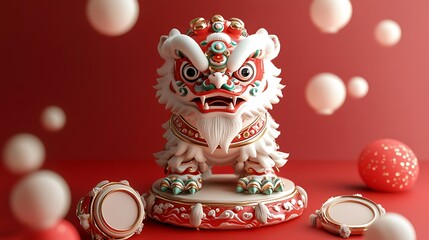 Colorful Lion Dance Figurine on a Red Background with Floating Orbs and Traditional Drum Elements