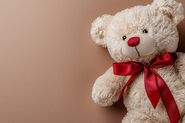 Soft plush teddy bear adorned with red ribbon resting against a neutral background, ideal for gifts and decoration