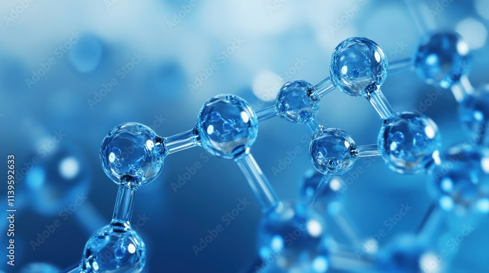 Poster close-up of molecular structures in a blue environment, illustrating scientific concepts.