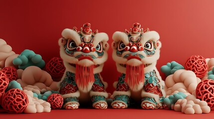 Colorful Lion Statues Amidst Vibrant Abstract Shapes and Patterns in Contemporary Art Setting