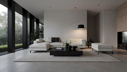 Modern living room featuring a white sectional sofa, an arc floor lamp, a dark coffee table, and large windows with garden view.