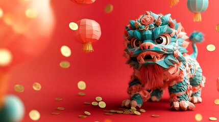 Colorful Paper Lion Dance Figurine on Vibrant Red Background with Coins and Lanterns for Festivity