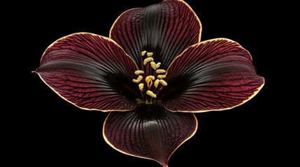 Close-up of a dark maroon flower with intricate details, against a black background.