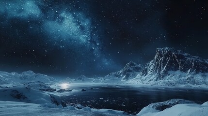 Milky Way Above Frozen Sea Coast and Snow-Covered Landscape