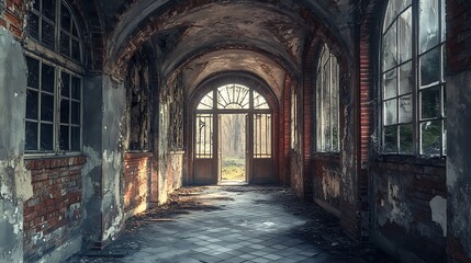 Abandoned Hallway, Decaying Architecture, Mysterious Interior
