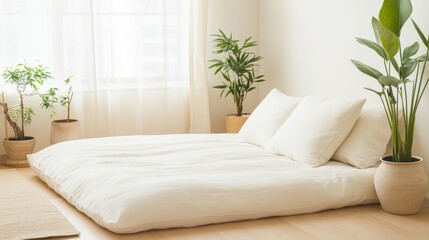 A traditional Japanese bedroom has a futon, natural light, and plants for a serene, relaxing vibe