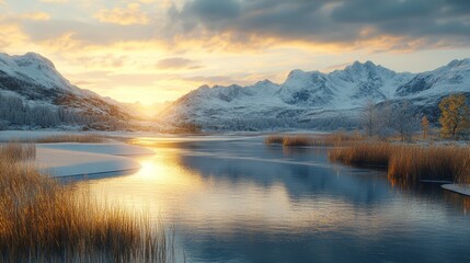 Fototapeta premium Stunning Sunset Over Snowy Mountains and Calm River Landscape