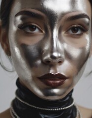 stylish portrait of woman in silver color, realistic illustration