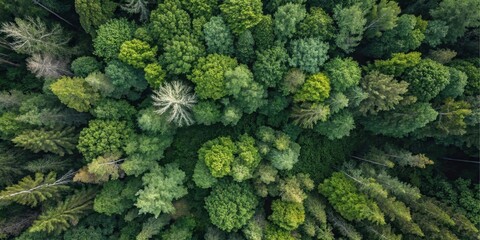 Naklejka premium Overhead View of a Lush, Verdant Forest Canopy Featuring a Variety of Tree Species in Full Bloom