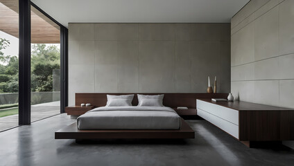 Modern bedroom featuring a low-profile bed, minimalist decor, and large windows overlooking a garden.