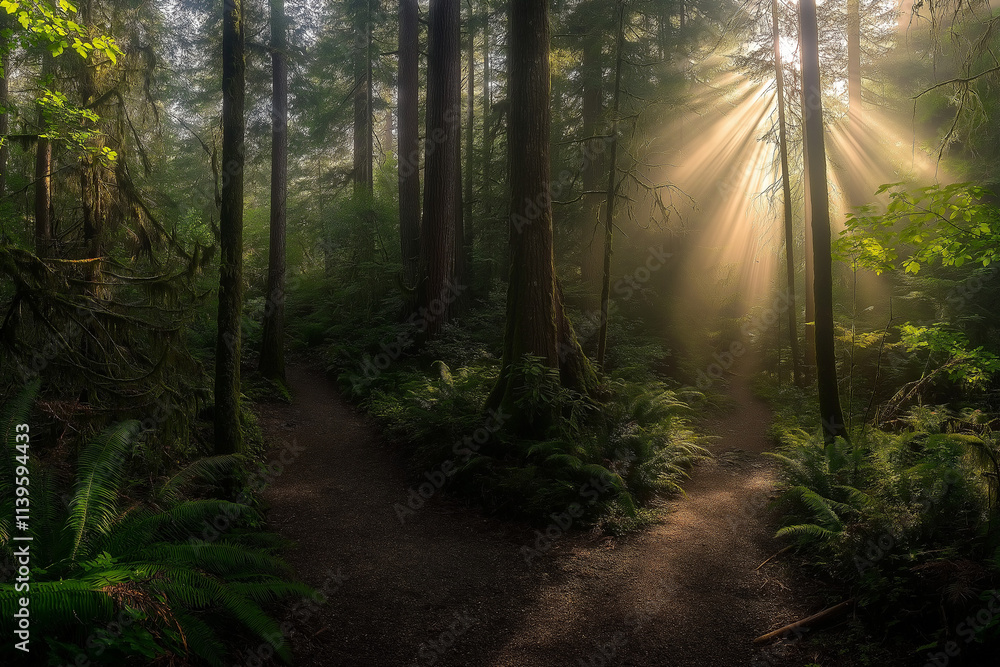 Poster panoramic view of a serene forest with sunlight filtering through tall trees, creating vibrant light