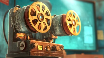 Obraz premium Vintage film projector with spools and detailed mechanics.