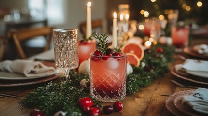 A boozy cranberry gin cocktail with a hint of grapefruit and thyme, elegantly served on a holiday-themed table set with winter decorations, candles, and festive greenery.