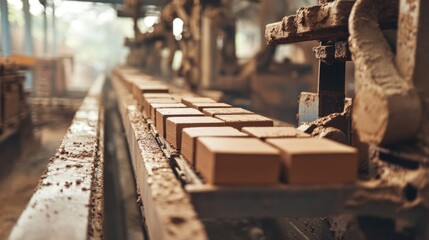 A brick factory production line with machinery cutting, molding, and firing raw clay into finished bricks ready for building use.