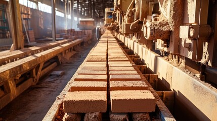 A brick factory production line with machinery cutting, molding, and firing raw clay into finished bricks ready for building use.