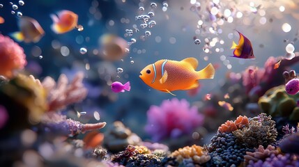 Fototapeta premium A vibrant underwater scene featuring a variety of colorful tropical fish swimming among coral reefs