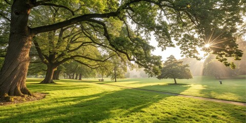 Obraz premium Serene Sunrise Illuminates Lush Green Meadow with Majestic Trees Casting Long Shadows