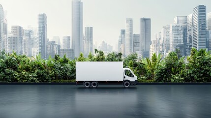 Urban Delivery Truck in Modern Cityscape Environment