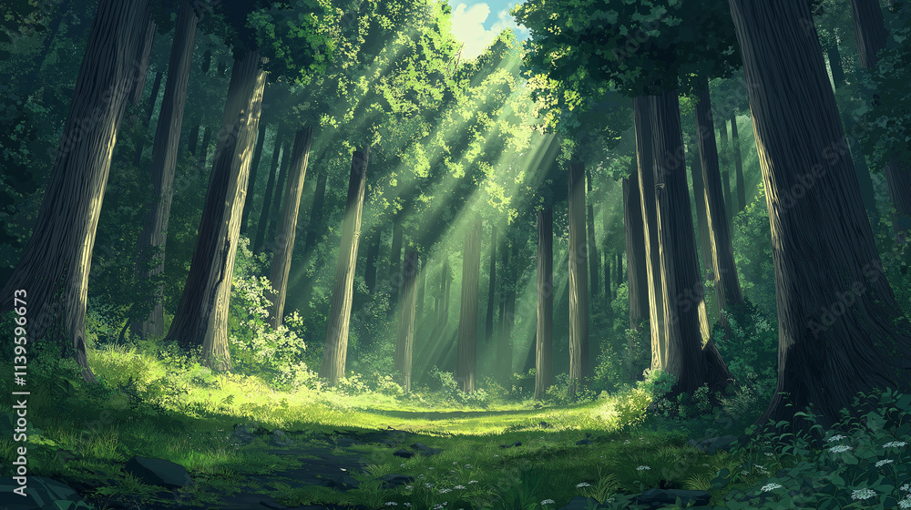 Poster panoramic view of a serene forest with sunlight filtering through tall trees, creating vibrant light