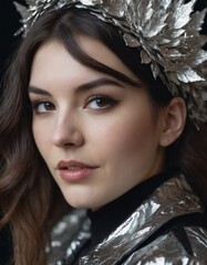 stylish portrait of woman in silver color, realistic illustration