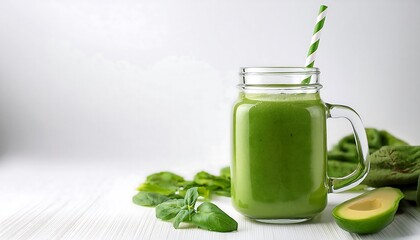 Green smoothie, glass, striped straw, white background, fresh, healthy beverage.