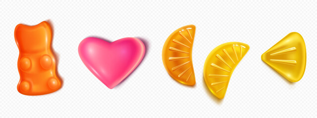 Gummy candy collection with orange bear, pink heart and yellow citrus shapes. Realistic 3d glossy texture and shiny surface with soft shadows. Translucent sweet jelly or marmalade confectionery set.