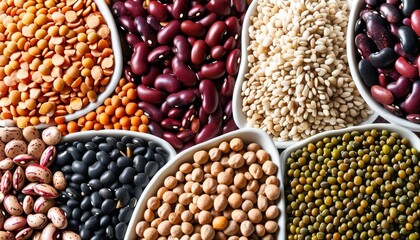 Fototapeta premium Colorful Assortment of Mixed Dried Legumes and Cereals in Elegant Bowls for Healthy Cooking