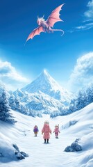 Enchanted Winter Landscape with Snow-Capped Mountain and Dragon Flying in Clear Blue Sky, Capturing a Magical Adventure in a Frozen Wilderness