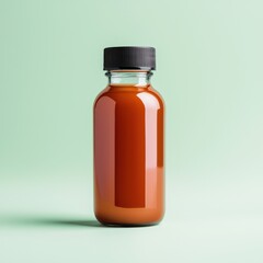 Obraz premium Minimalist concept for mock-up of food packaging bottle. Glass bottle filled with liquid on a pastel background
