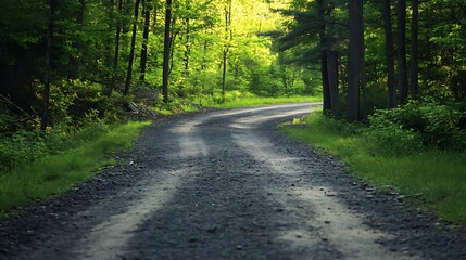 Fototapeta premium Forest Road Winding Through Lush Green Trees. Concept of Nature, Adventure, and Exploration.