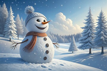 Obraz premium Panoramic view of happy snowman in winter secenery with copy space