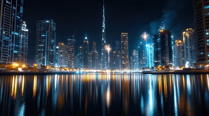 Obraz premium A breathtaking cityscape at night with vibrant fireworks lighting up the sky,