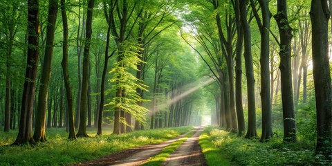 Fototapeta premium Sunbeams Illuminate a Forest Path Through Lush Green Trees