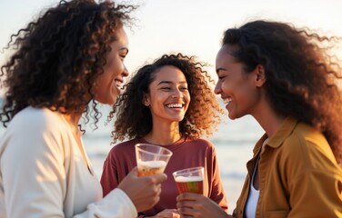 Three Joyful Women Sharing Drinks at Sunset, Perfect for Advertising Friendship and Happiness