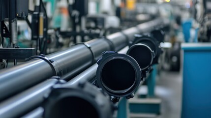 A busy water pipe production line with industrial machines molding, cutting, and coating pipes, ensuring precise measurements for residential and industrial use.