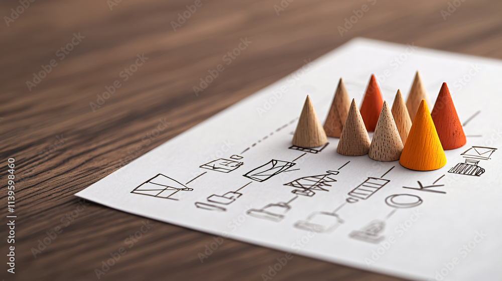 Aufkleber Colorful wooden cones arranged on sketch of community workshop layout, showcasing creativity and design. warm tones of cones contrast with paper background