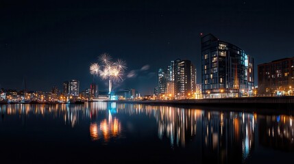 Fototapeta premium A breathtaking cityscape at night with vibrant fireworks lighting up the sky,