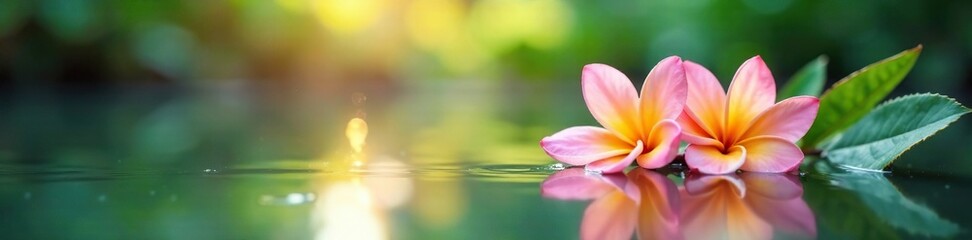 Fototapeta premium Soft focus captures frangipani flowers in soft light over calm water, nature photography, serene landscape, botanical