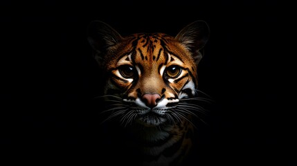 Obraz premium 暗い背景で見つめるオセロットのクローズアップ