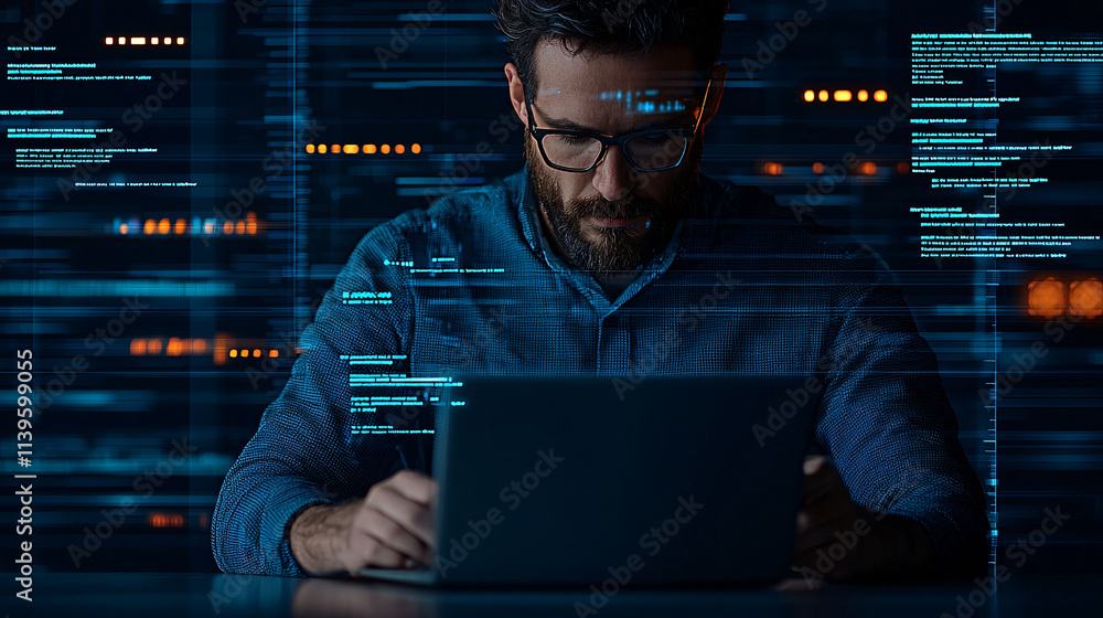 Leinwandbilder cyber analyst focused on laptop, analyzing data with digital overlays. scene conveys sense of concen