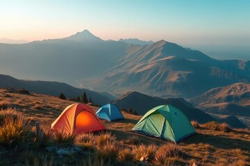 Three Tents Set Up on Mountain Top at Sunrise with Mountain Views